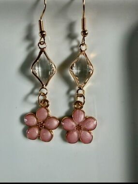 Gold-Tone Pink Floral Drop Earrings